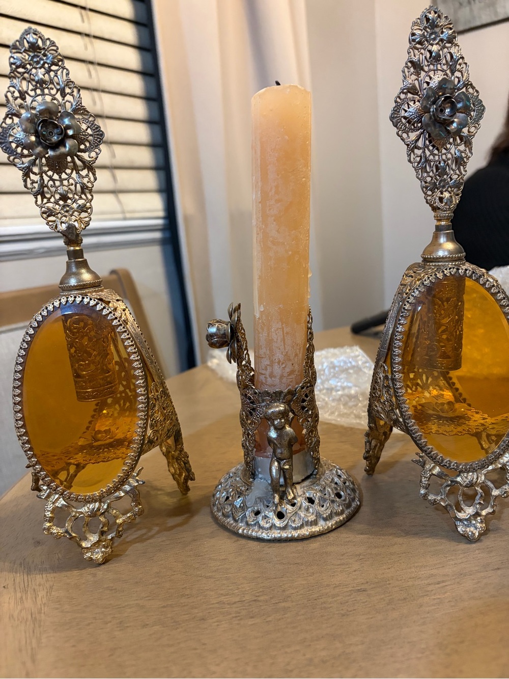Gold Accent Candle Holder Set with Amber Glass vintage perfume bottles